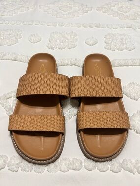Joie Cognac Double-Strap Woven Slide Sandals